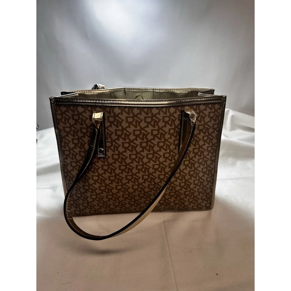 DKNY Repeat Gold Tote Bag Purse Beige w/ Brown Monogram in excellent cond 1990's